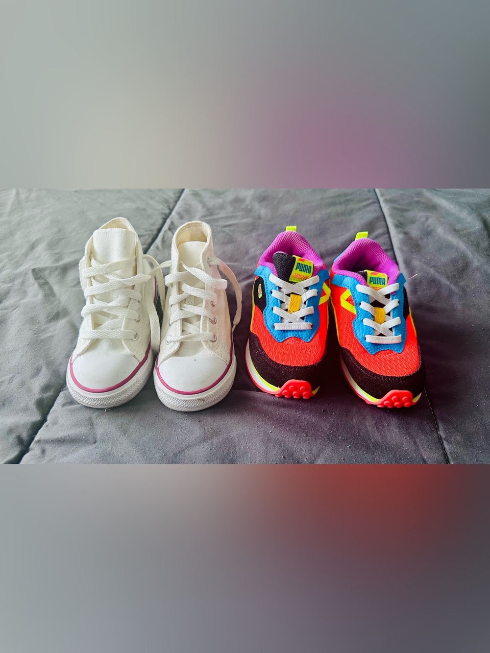 Puma Kids Colorblock Sneakers in Pink, Blue, Black and Yellow and white Converse
